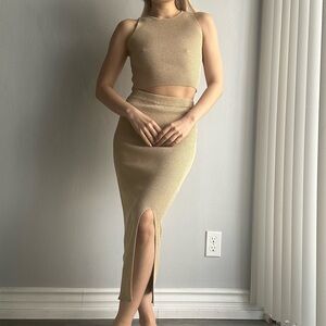 Zara Knit Set Crew Neck Tank Top + Midi Front Slit Bodycon Skirt Metallic Gold